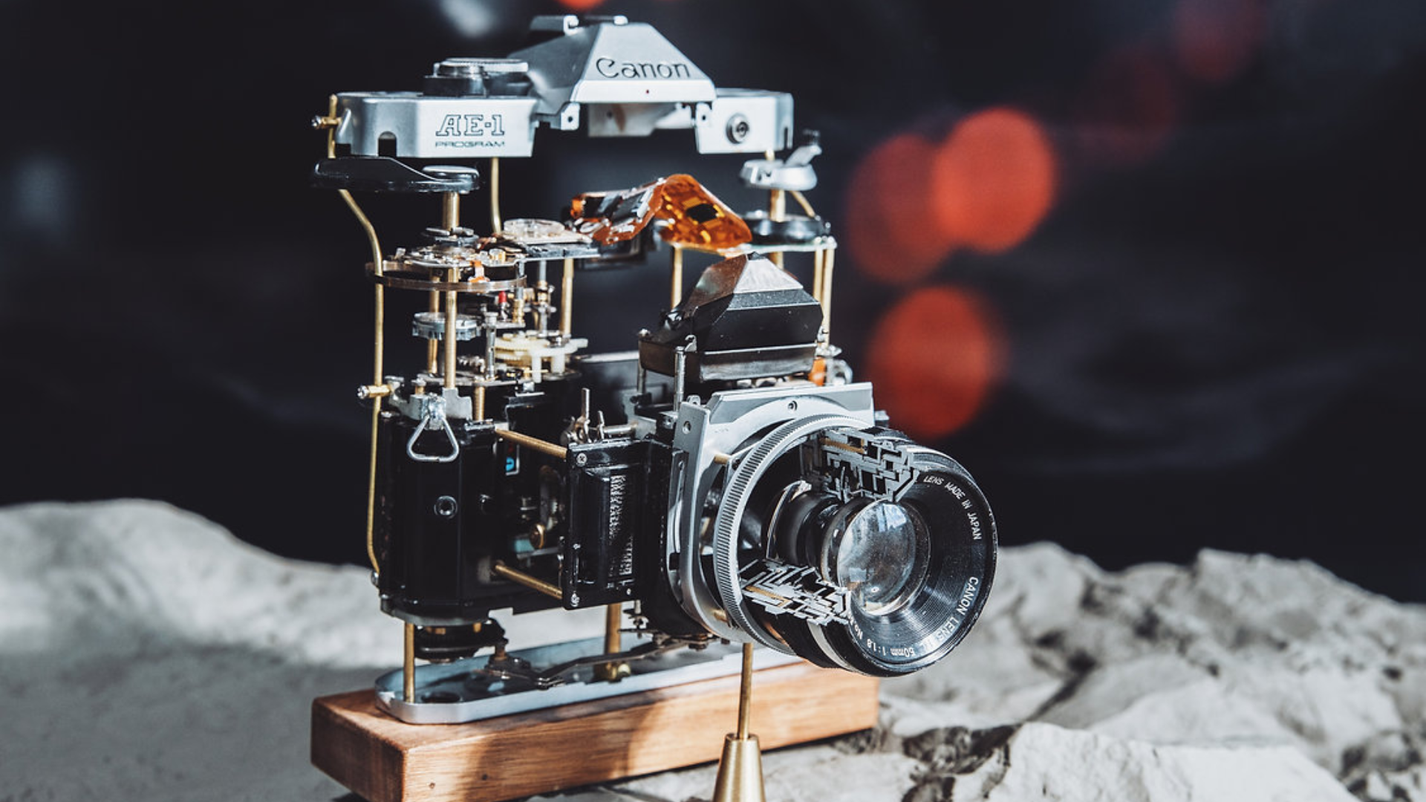 Disassembled Mechanical Film Camera Canon AE-1: A Legendary Camera Reimagined as Mechanical Art