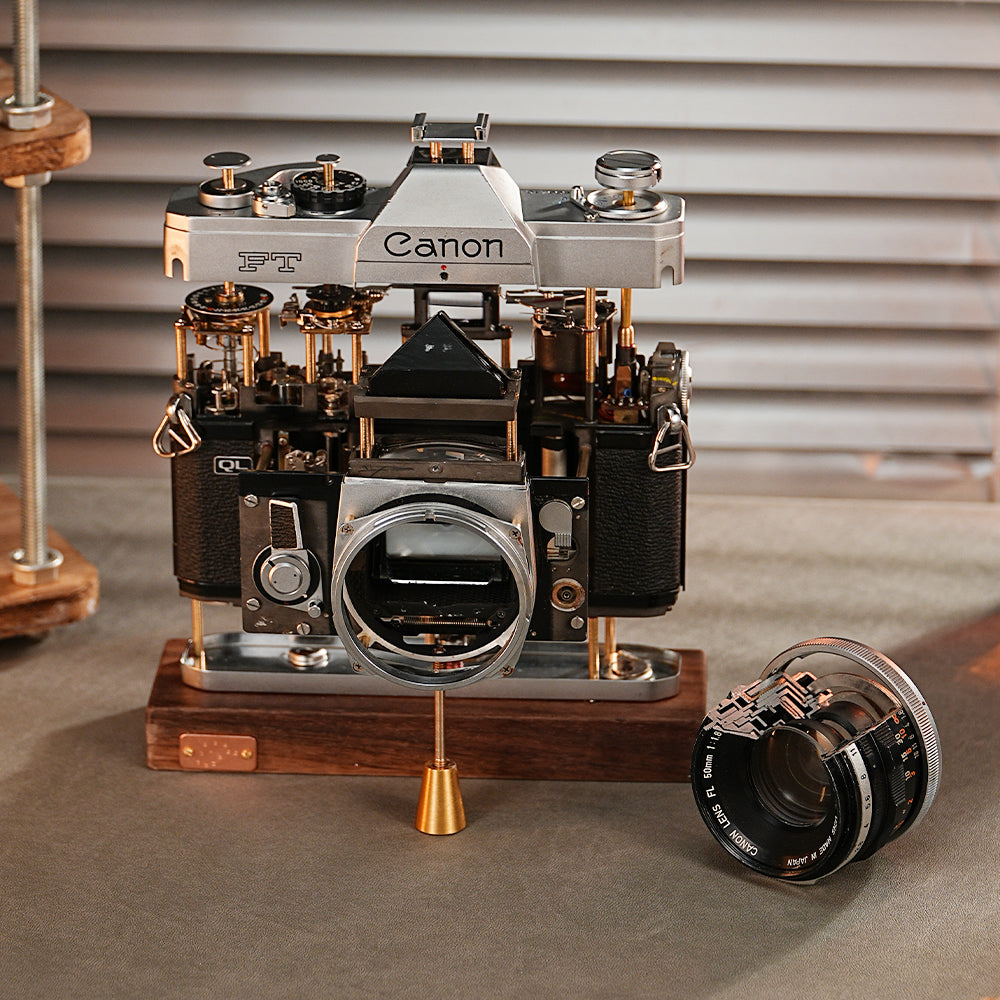 Disassembled Mechanical Film Camera Canon FT With Cut Lens